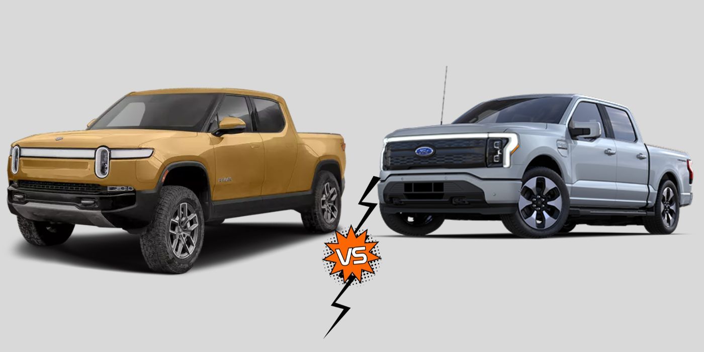 Rivian R1T Vs. Ford F-150 Lightning in a mashup image