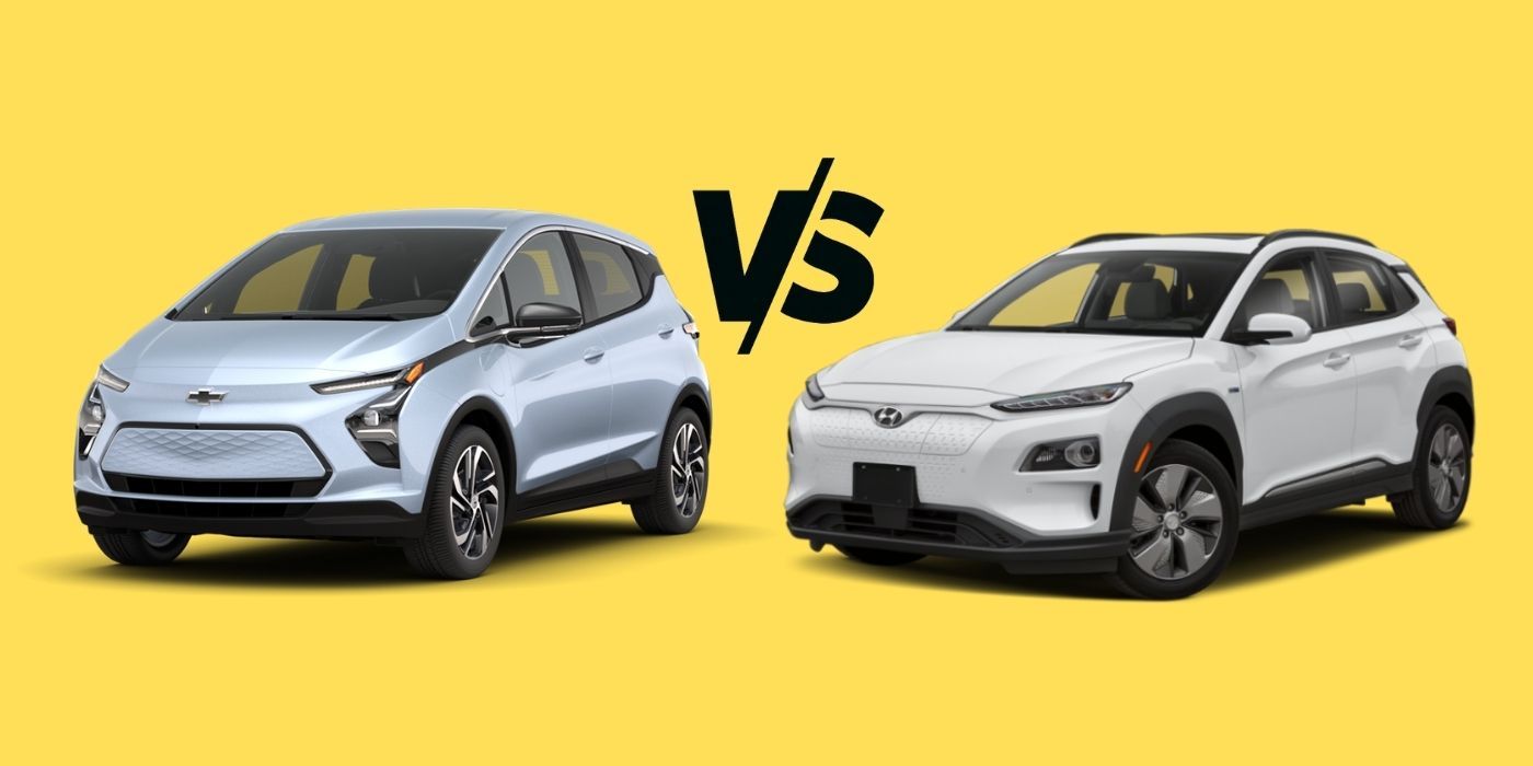 Chevy Bolt EUV Vs. Hyundai Kona Electric over a yellow background