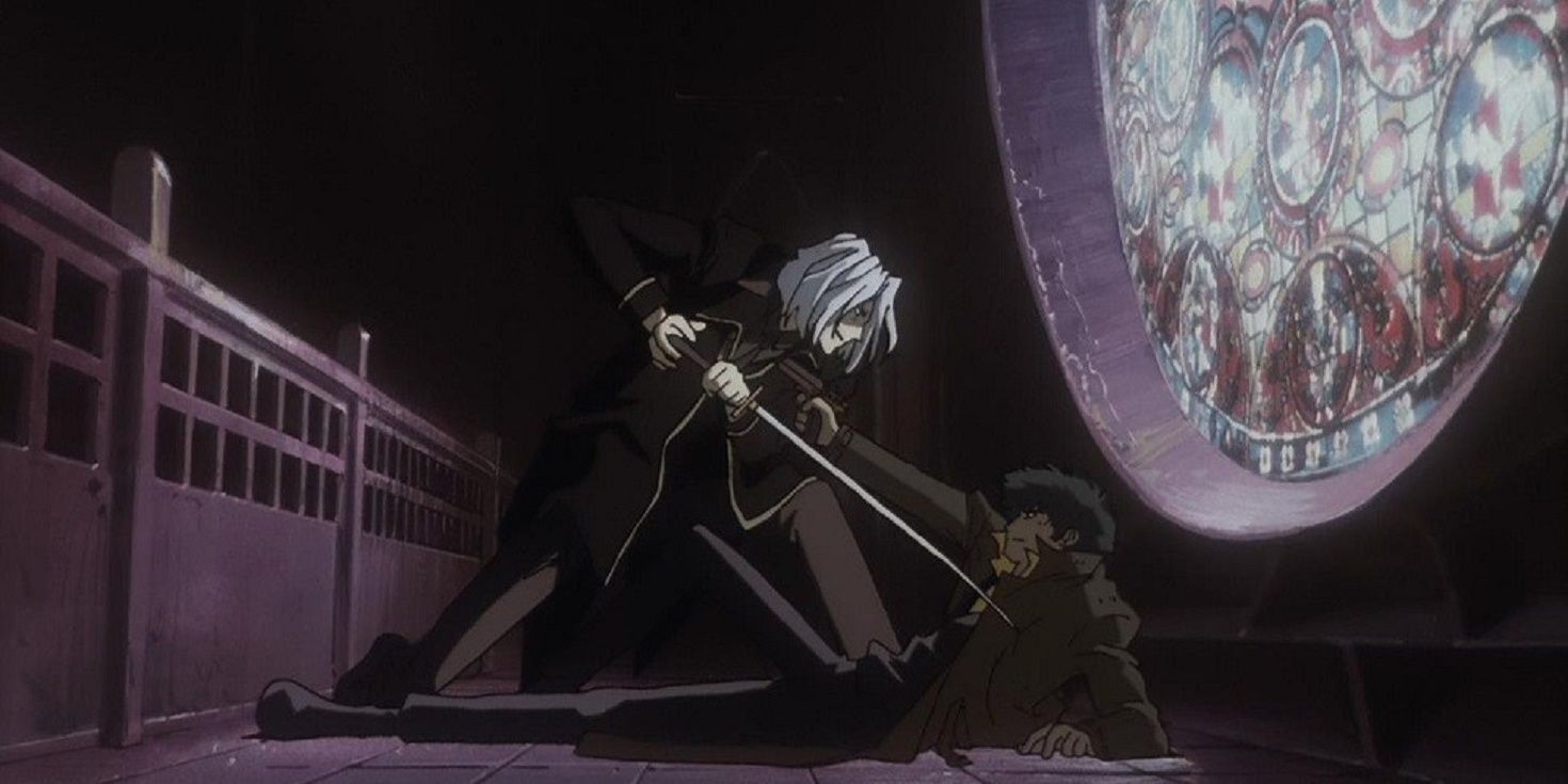 Vicious attacking Spike Spiegel with a sword while Spike holds a gun to his chest, in front of a large stained glass window, in Cowboy Bebop.