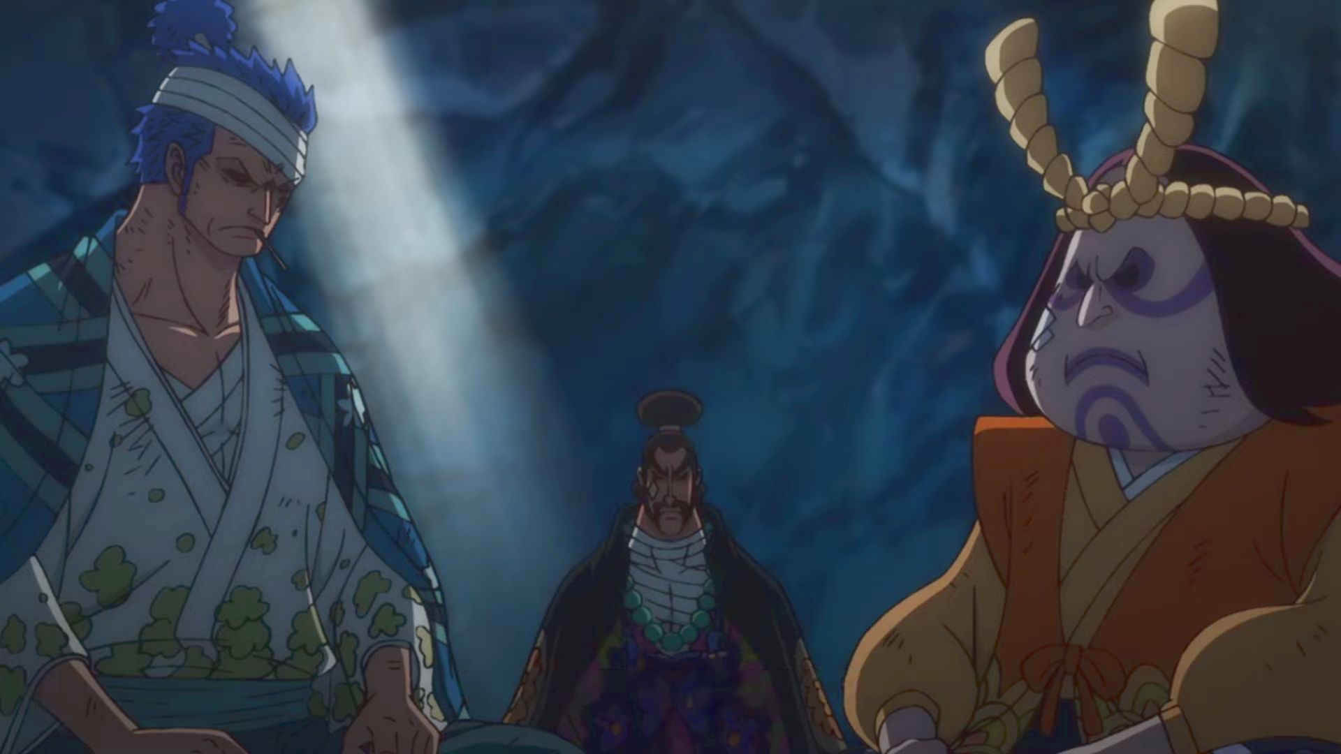 Three bandaged samurai are seen sitting in a cave with their eyes blackened. One with blue hair, one with facepaint, and the other with their hair up in a bun.