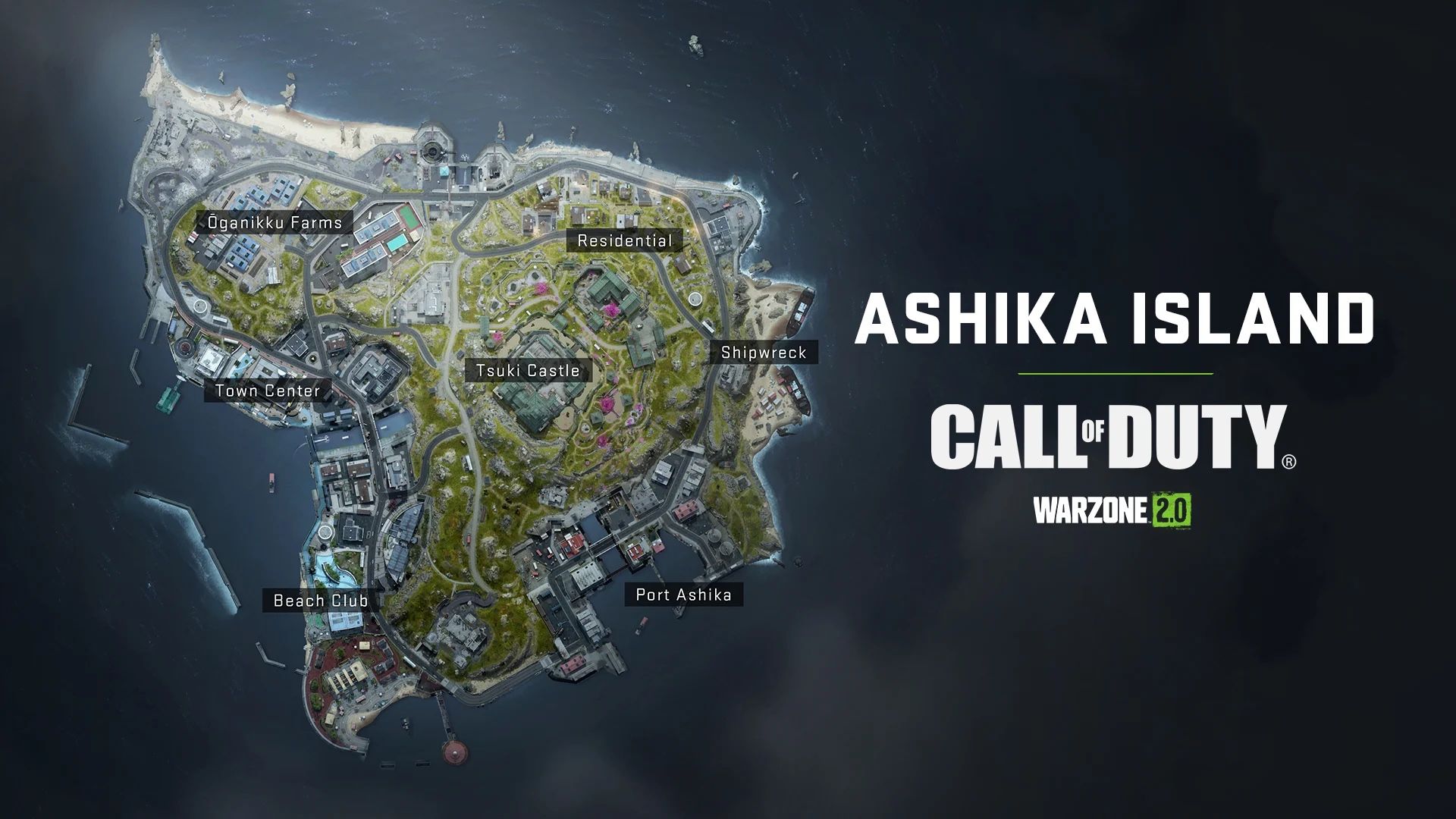 Warzone 2 Ashika Island Mapa com locais de desembarque nomeados 