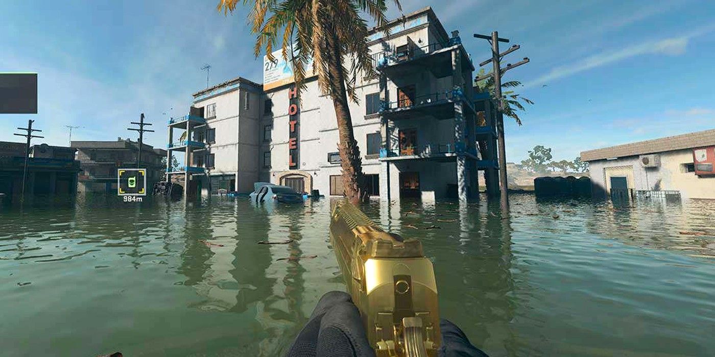 A player in water looking at the Sawah Hotel in Warzone.2 DMX