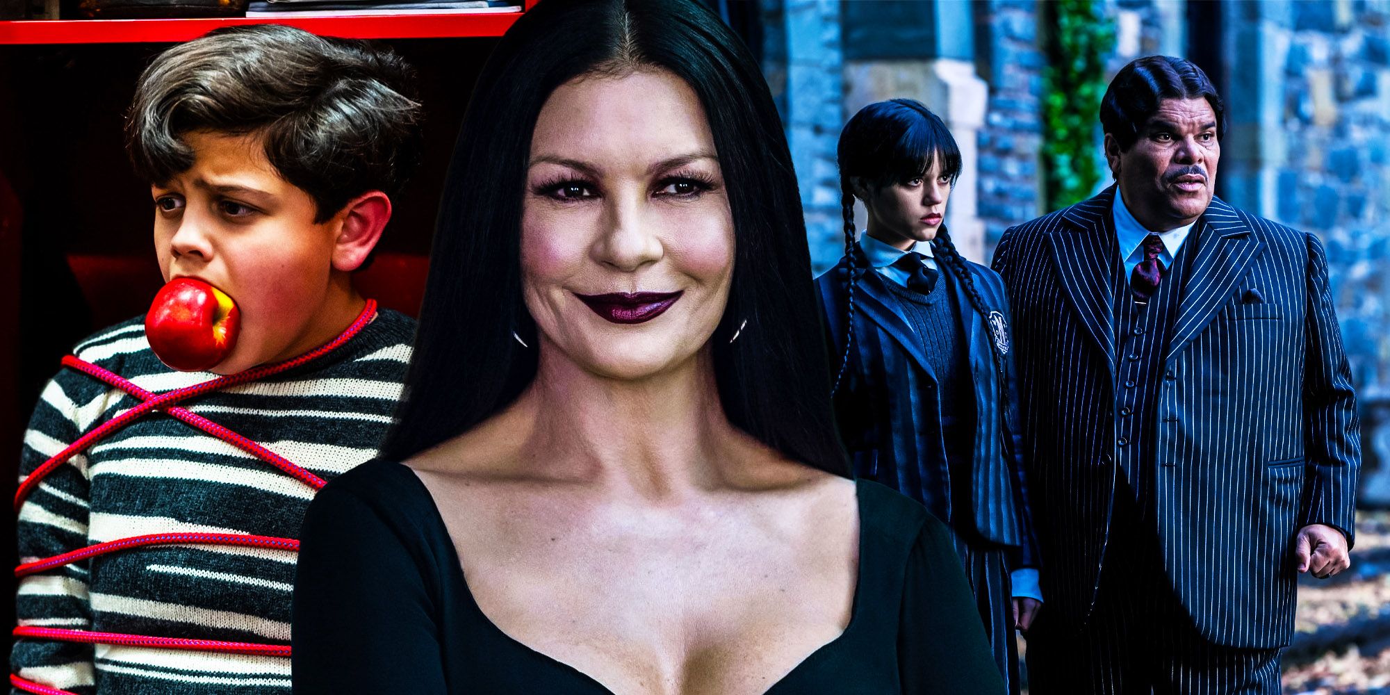 A blended image features Pugsley, Morticia, Wednesday, and Gomez Addams as they appear in the Netflix series Wednesday season 1