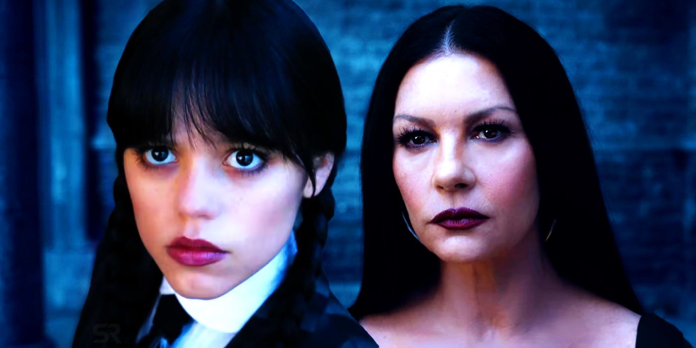 Composite image of Wednesday and Morticia in Wednesday