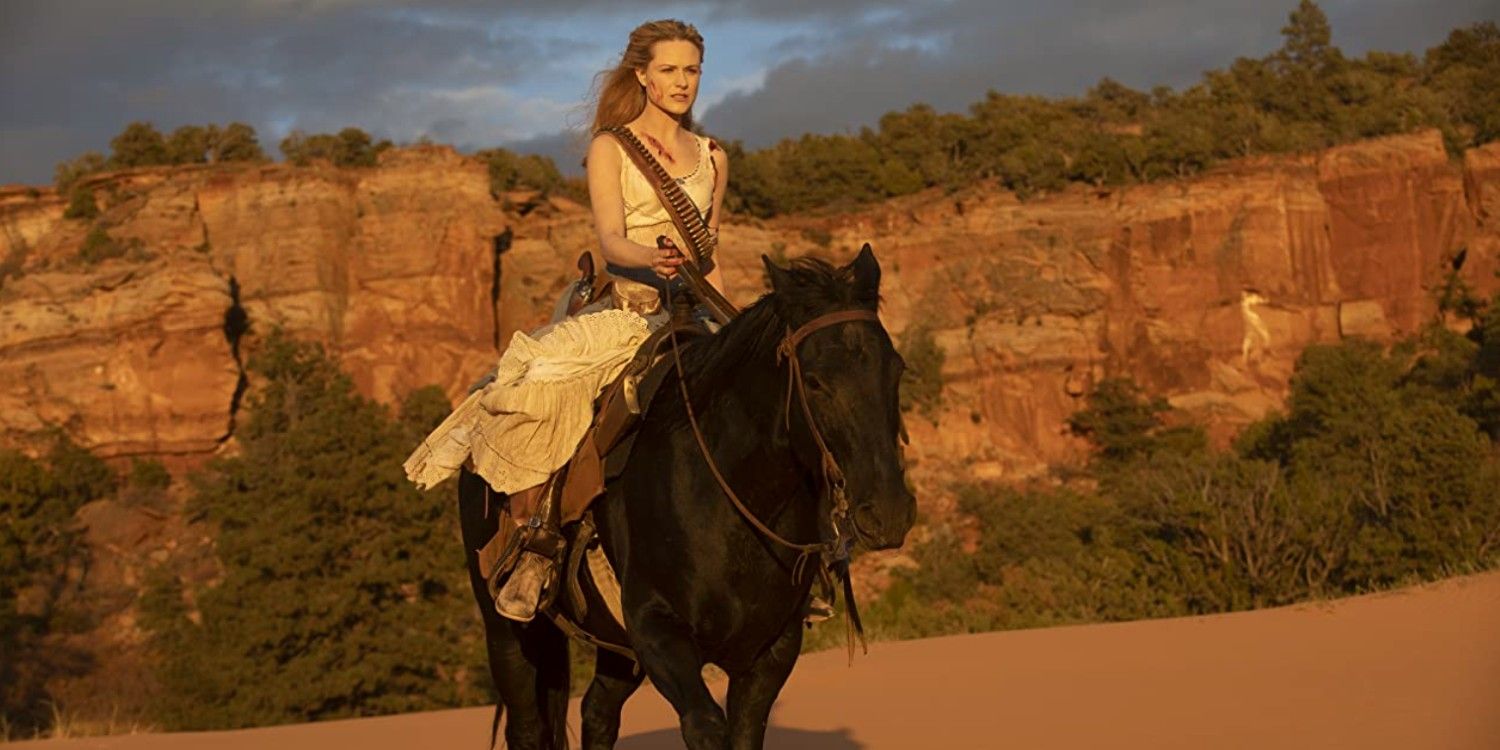 Evan Rachel Wood as Dolores riding a horse in the frontier in Westworld