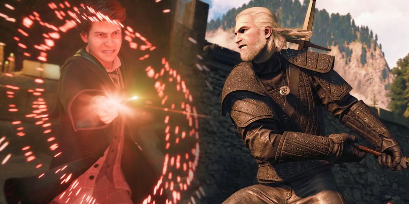Hogwarts Legacy's Sebastian casting Crucio on the left and TW3's Geralt swinging his sword on the right.