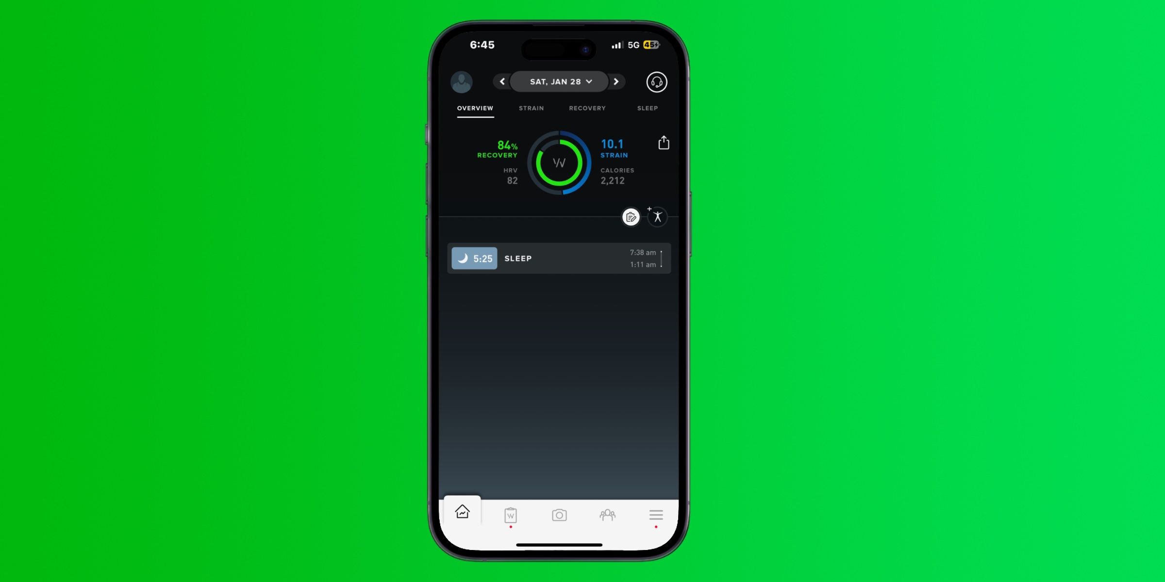 The Whoop App on an iPhone 14 Pro showing daily strain, recovery, and sleep.