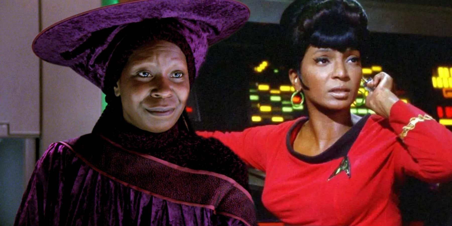 Whoopi Goldberg as Guinan and Nichelle Nichols as Uhura in Star Trek