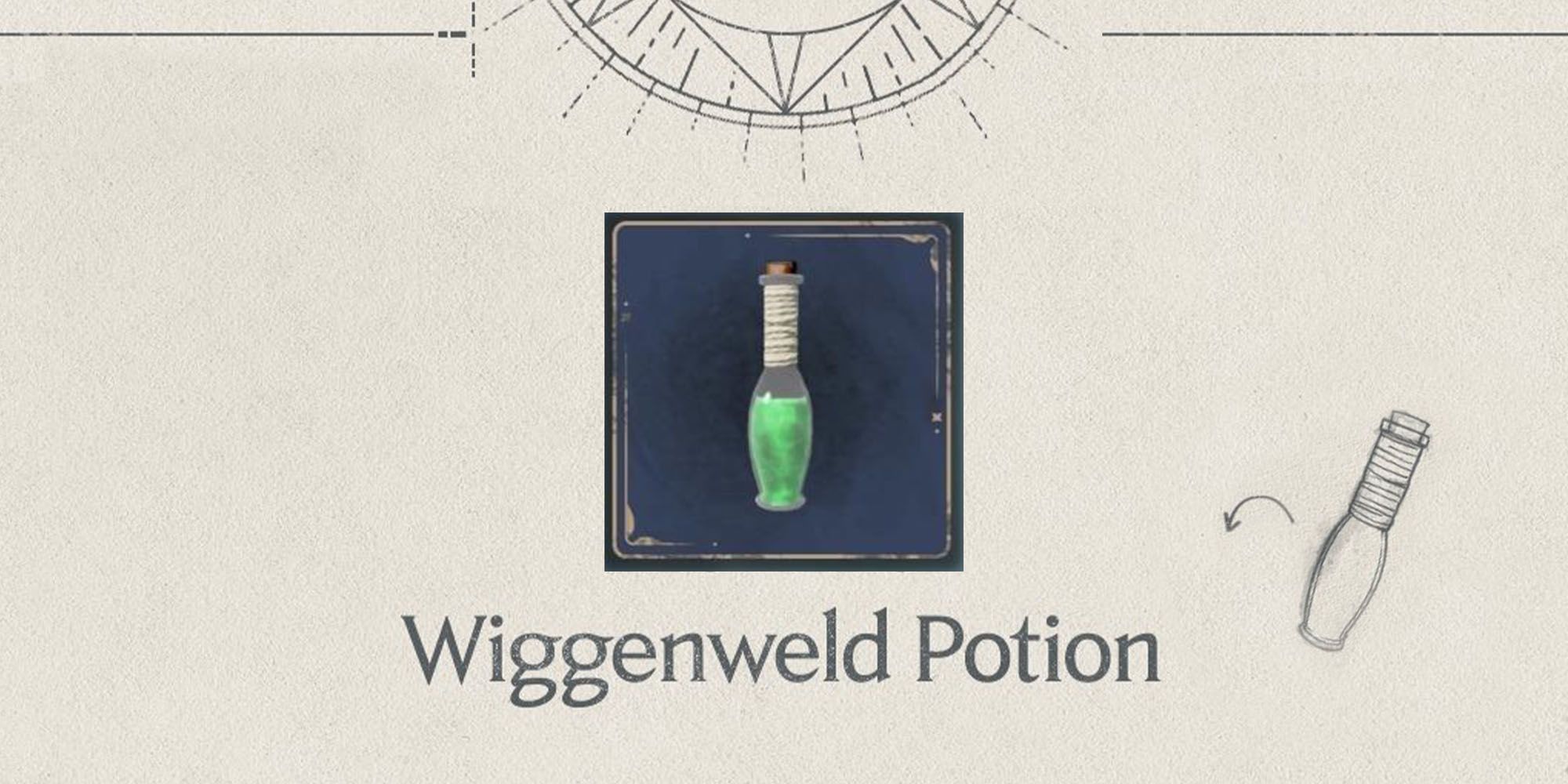 The Wiggenweld Potion icon in Hogwarts Legacy on a white background with a couple of surrounding doodles.