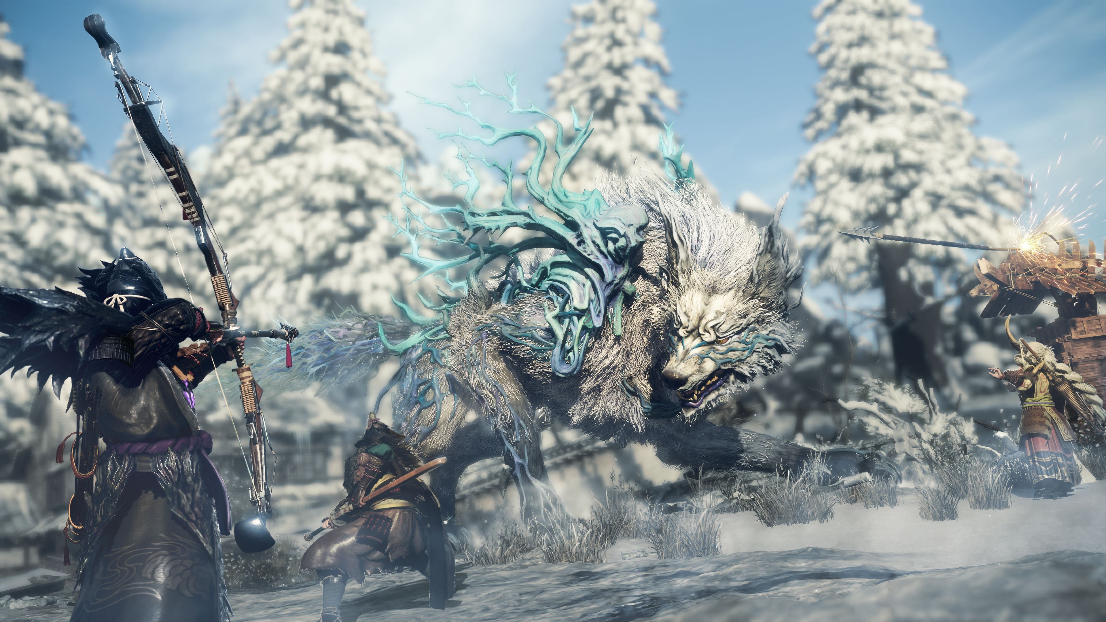 Wild Hearts player hunting a Deathstalker with a bow and arrow.