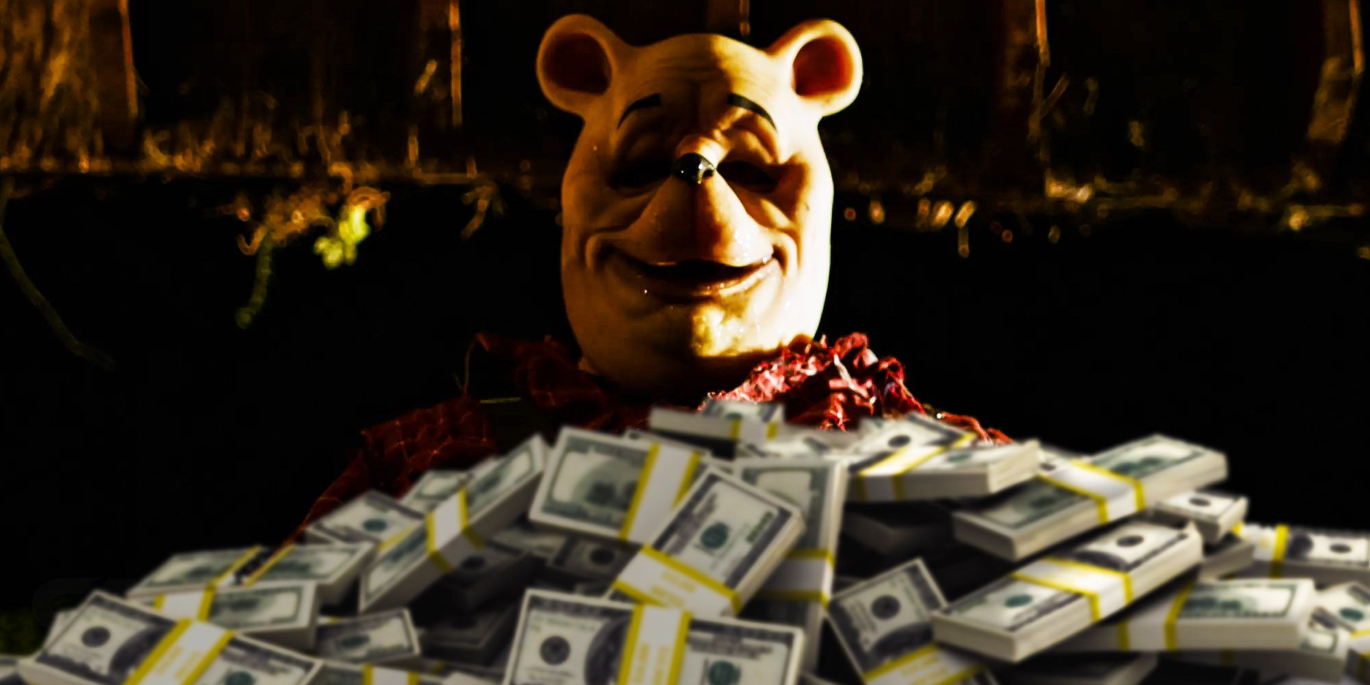 Winnie the Pooh in Blood & Honey surrounded by money