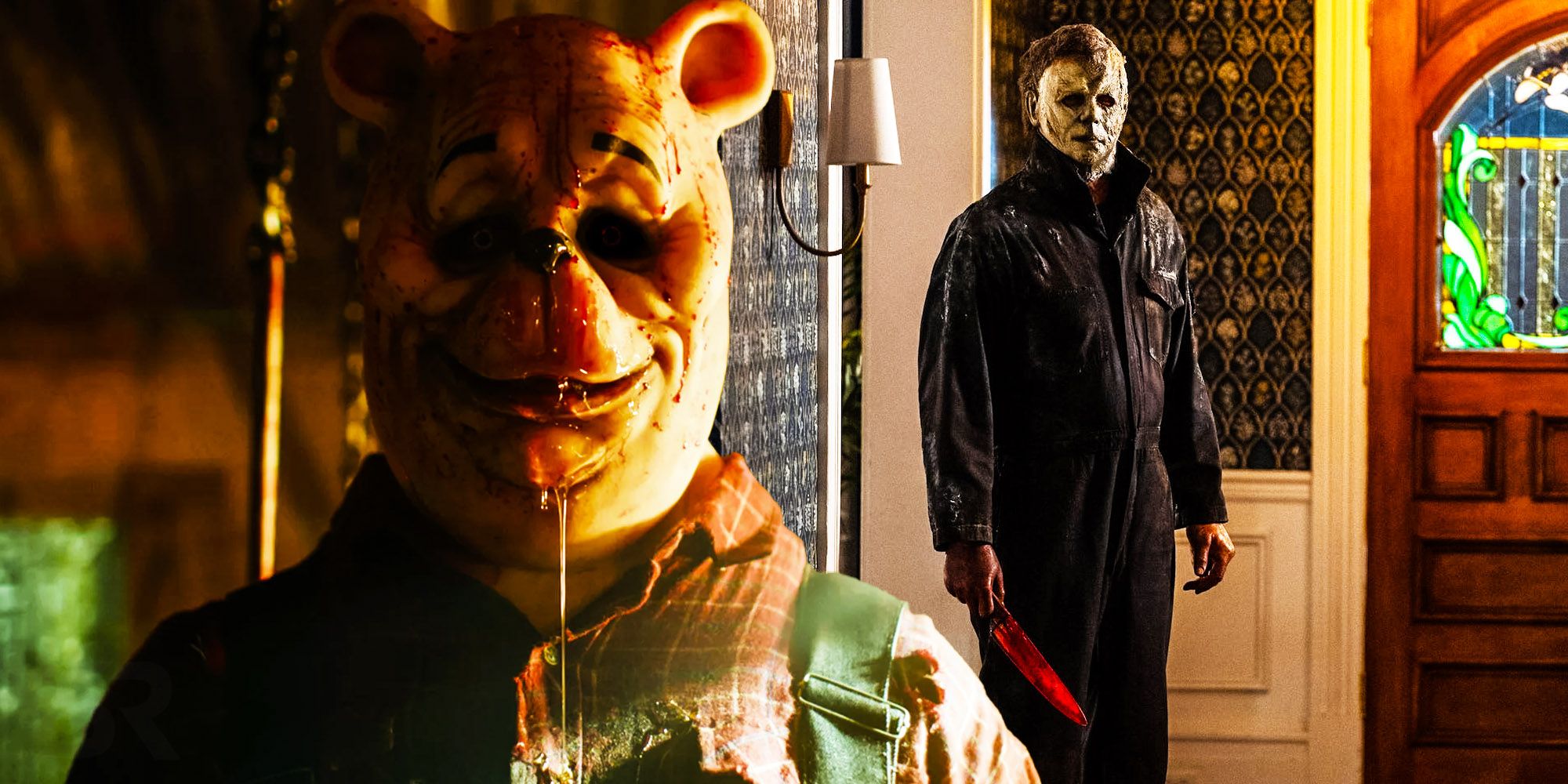 A montage of Winnie the Pooh: Blood and Honey and Michael Myers.