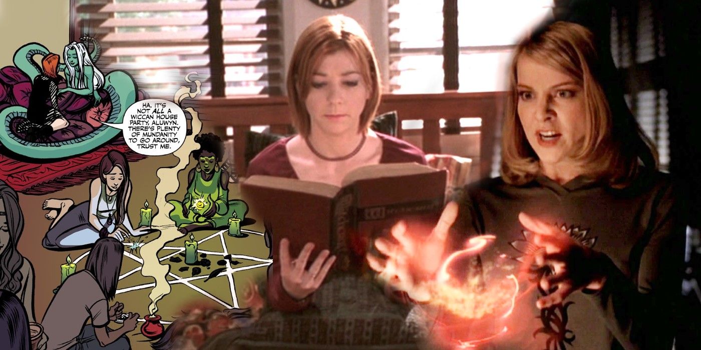 Collage of a group of witches from a Buffy comic, Willow reading a magic book, and Amy performing a spell from Buffy the Vampire Slayer