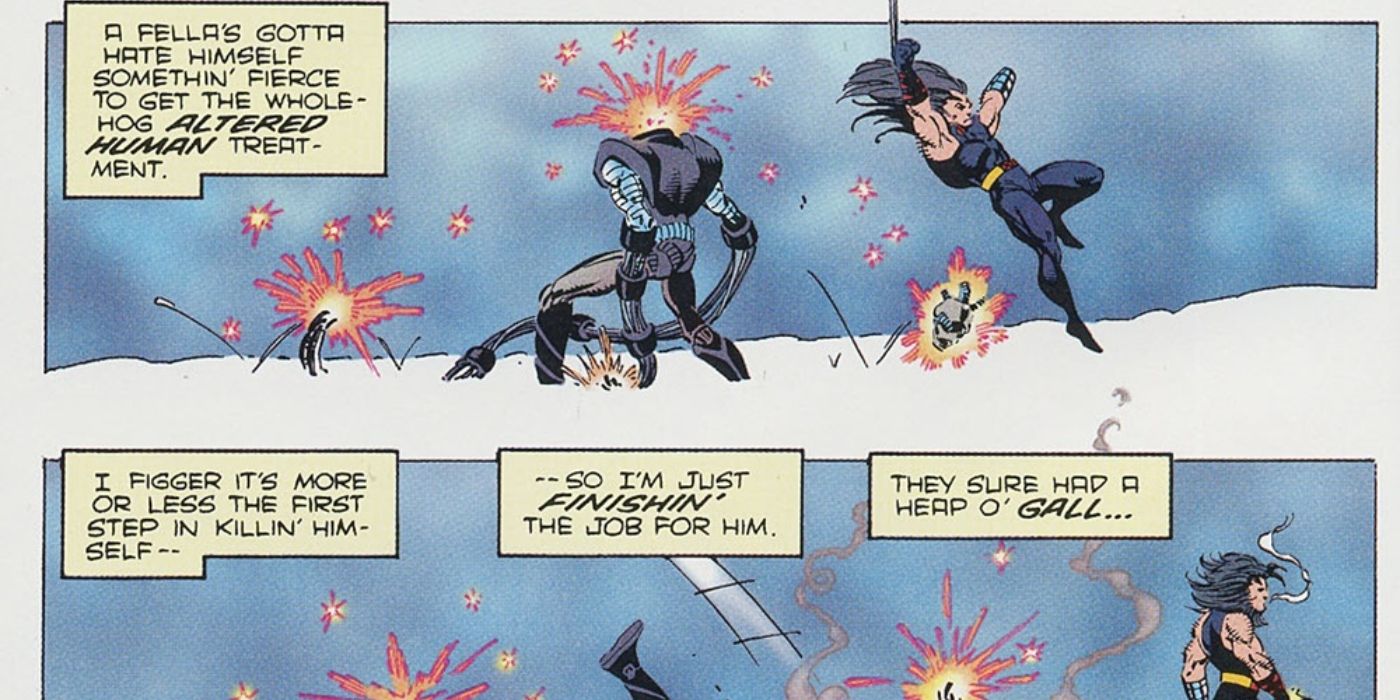 Wolverine killing Apocalypse&rsquo;s cyborg henchman.