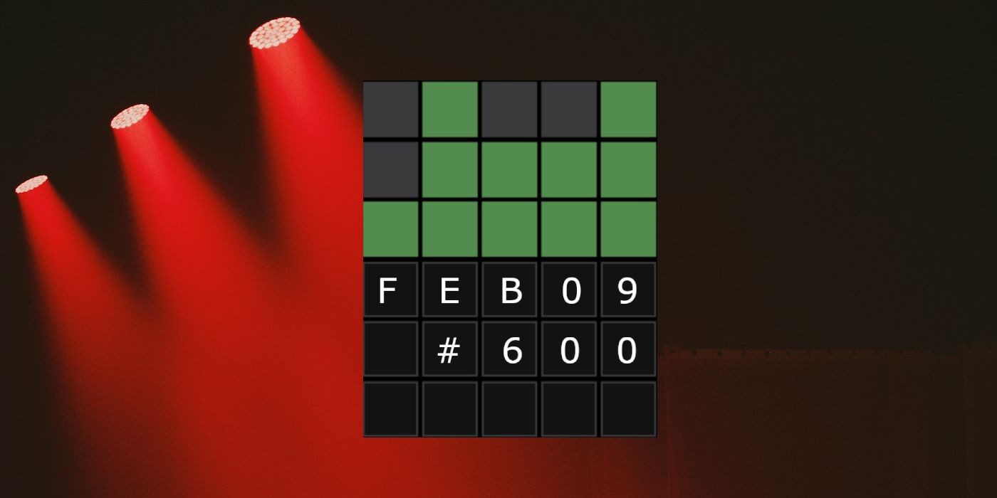 February 9th Wordle grid with Stage lights in the background
