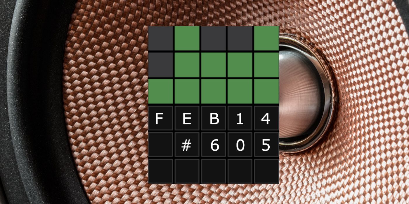 February 14th Wordle grid with a speaker blasting SOUND in the background