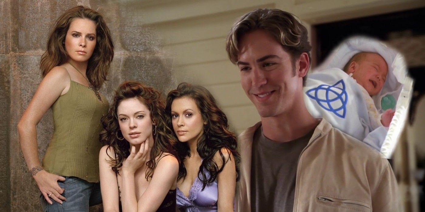 Wyatt from Charmed (in both adult and baby forms) next to the Charmed Ones