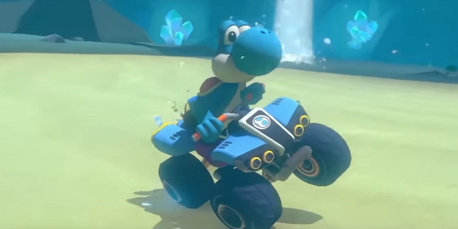 Yoshi racing on one of Mario Kart 8 Deluxe's new tracks, Yoshi's Island