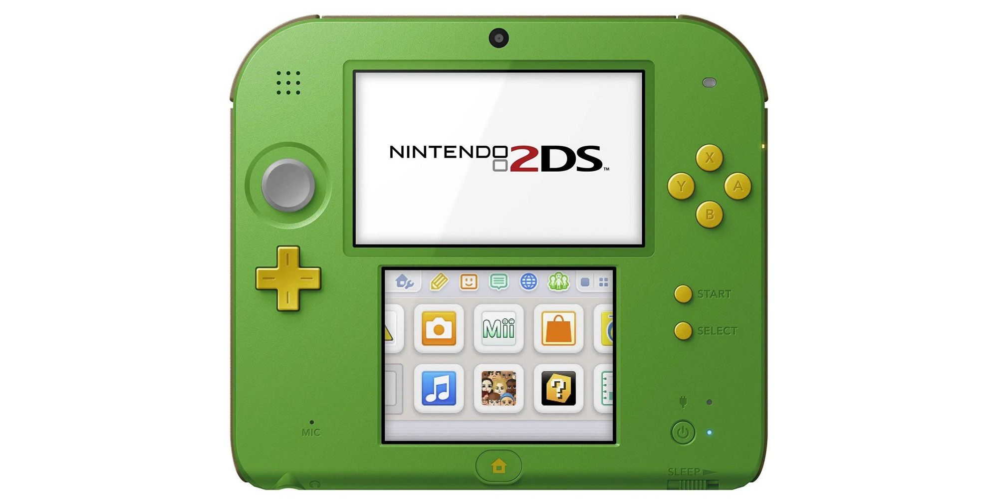 A green Nintendo 2DS with yellow buttons themed after Zelda protagonist Link.