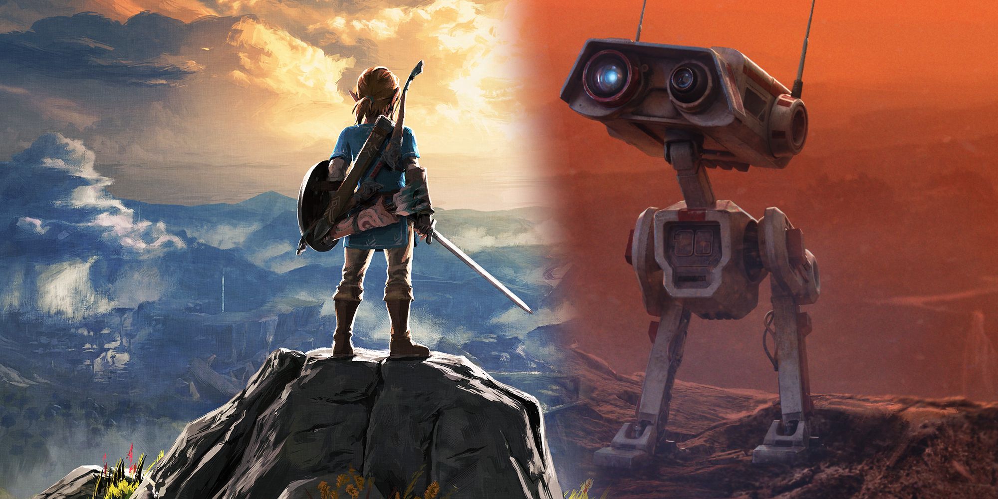 Link in promotional art for Breath of the Wild blurred into an image of BD-1 from Star Wars Jedi: Survivor.