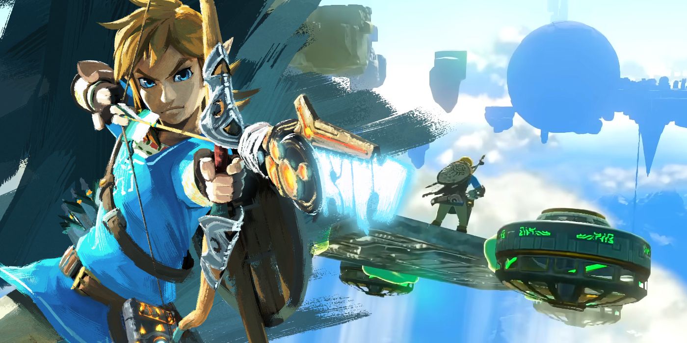 Artwork of Link from Breath of the Wild drawing an Ancient Arrow overlaid on a screenshot from Tears of the Kingdom's trailer showing Link riding on a hovercraft.