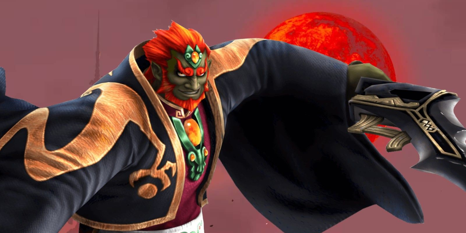 Ganondorf over an image of the Blood Moon from BOTW.