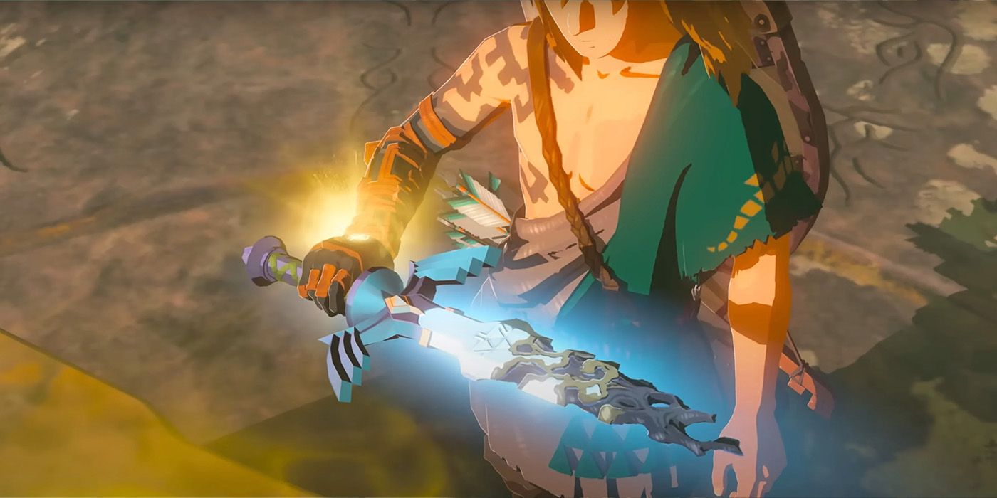 Zelda Tears of the Kingdom's Link is holidng the broken Master Sword that is shining.