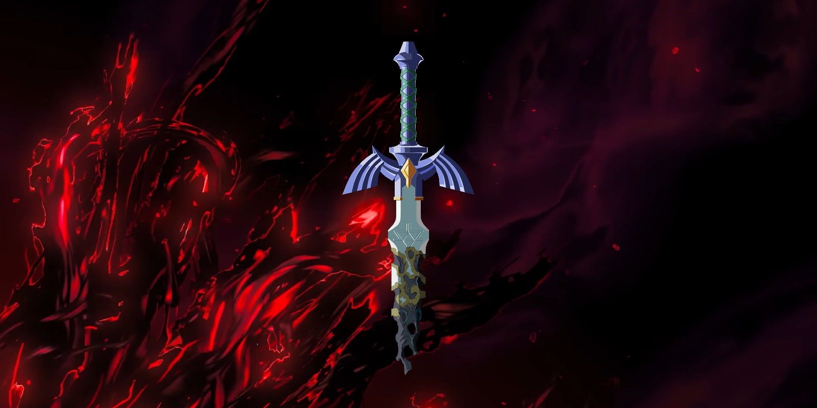 Artwork of the broken Master Sword from The Legend of Zelda: Tears of the Kingdom against a background of growing Malice tendrils.