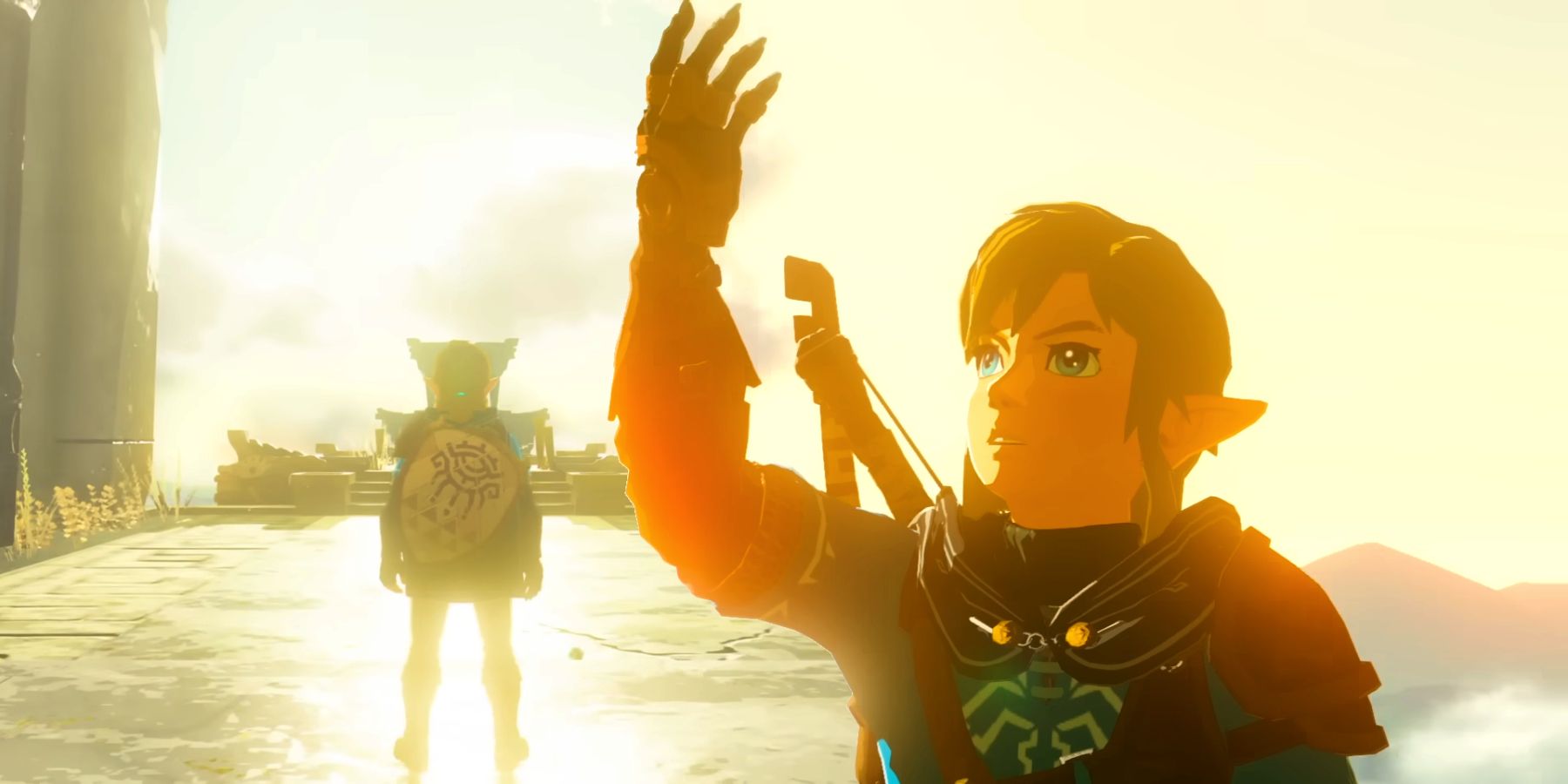 Una imagen fusionada con dos escenas de Link en Tears of the Kingdom.  A la izquierda, está de espaldas a la cámara, frente a un cielo brillante después de que se han abierto grandes puertas de piedra, ya la derecha, levanta su brazo mágico y lo mira.