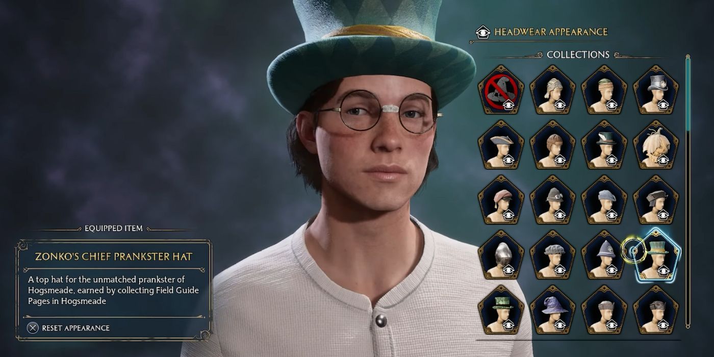 A male-presenting student wearing Zonko's Chief Prankster Hat in Hogwarts Legacy
