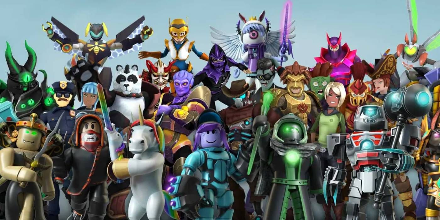 Roblox Promotional Image with Various Characters from Different Player Created Games on Platform