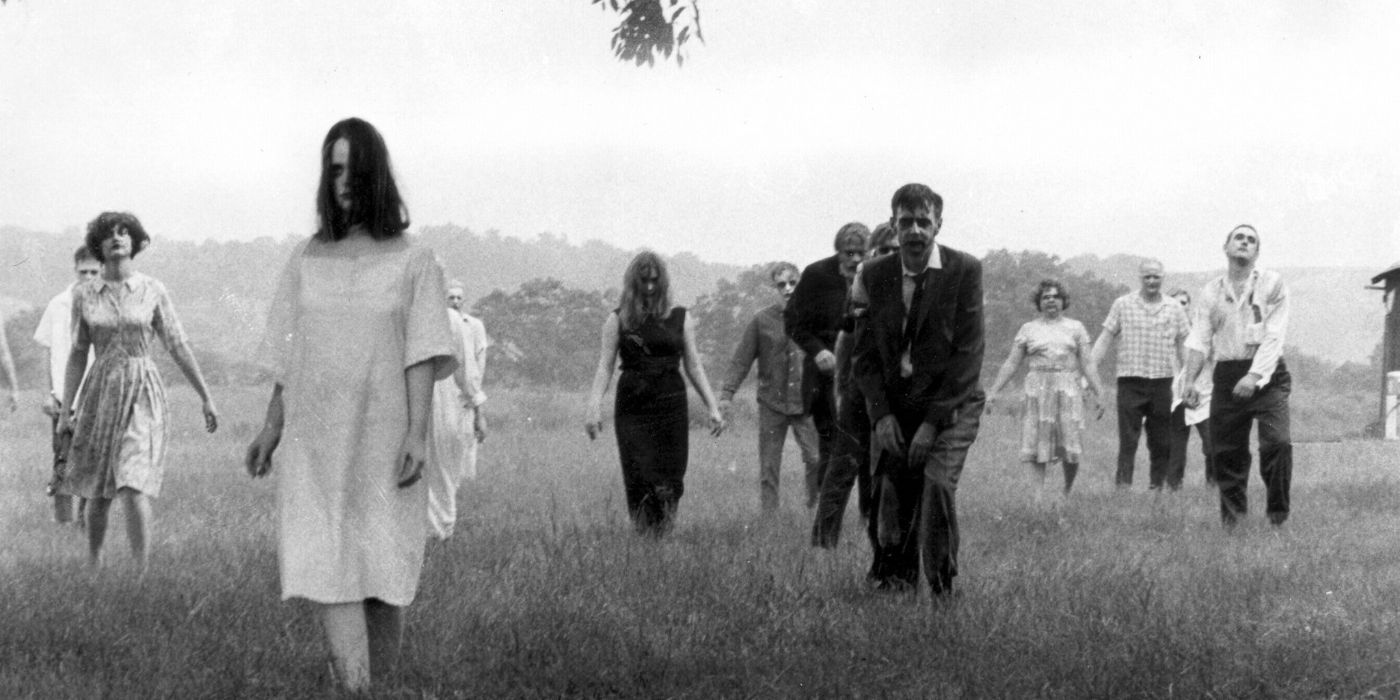 Screencap of zombies walking in a field from Night of the Living Dead.