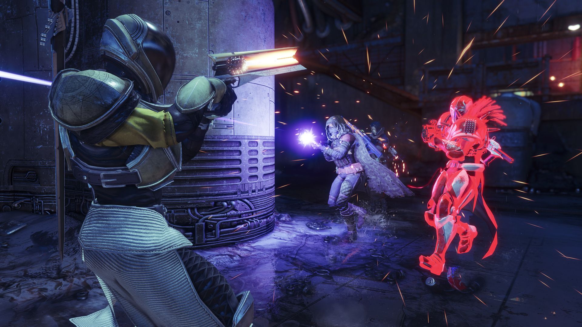 An in-game screenshot showing Destiny 2 players disputing a Clash match in the Crucible. A Titan aims their Sunshot at another Titan at close range, while the opposing Titan is accompanied by a fellow Hunter, who aims their gun at the Titan with the Sunshot Hand Cannon.