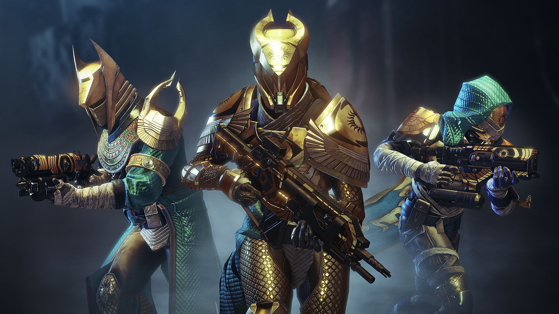 An image of three Guardians wearing the full sets of Trials of Osiris armor: to the left is a Warlock, aiming their Shotgun, while a Titan is holding their Auto Rifle in the middle, and a Hunter aiming their Fusion Rifle on the right.
