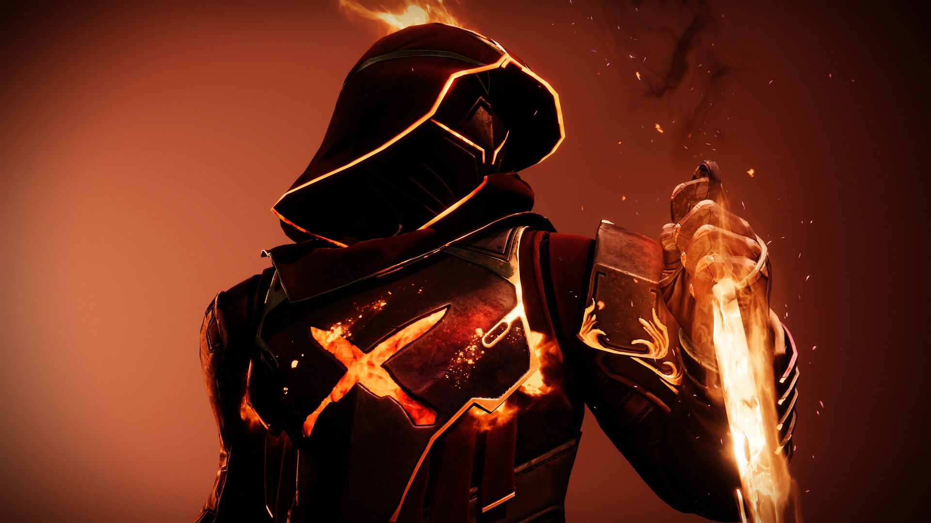 Un cazador de Destiny 2 con un adorno de armadura solar que sostiene una daga hecha de energía solar.