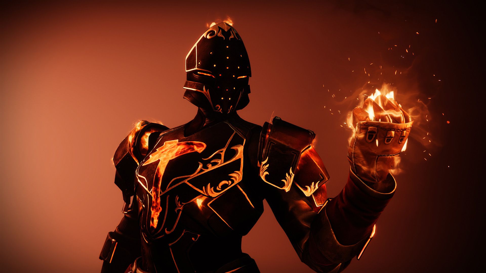 Un titán de Destiny 2 con un adorno de armadura solar sosteniendo su puño en llamas.