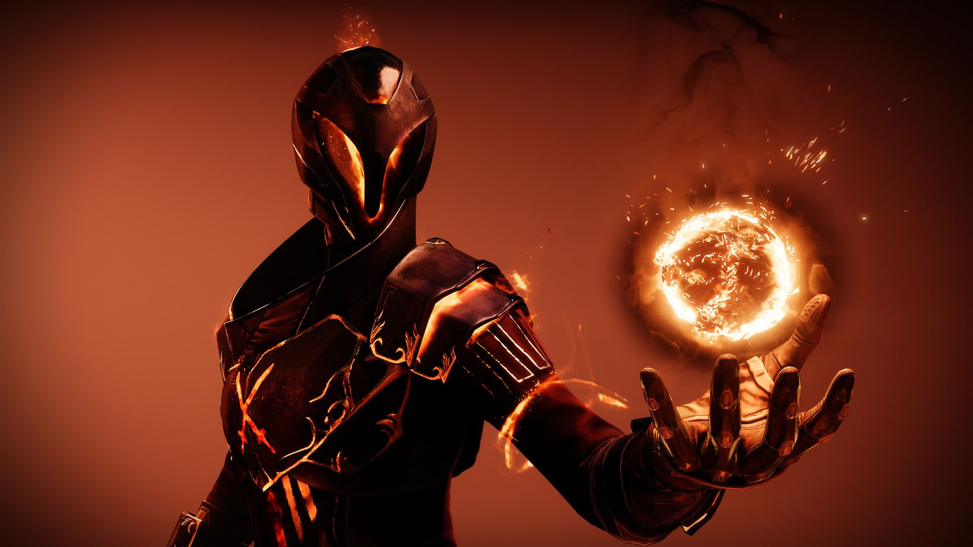 A Destiny 2 Warlock in Solar armor ornaments holding up their hand and hovering above their palm is an orb of Solar energy.