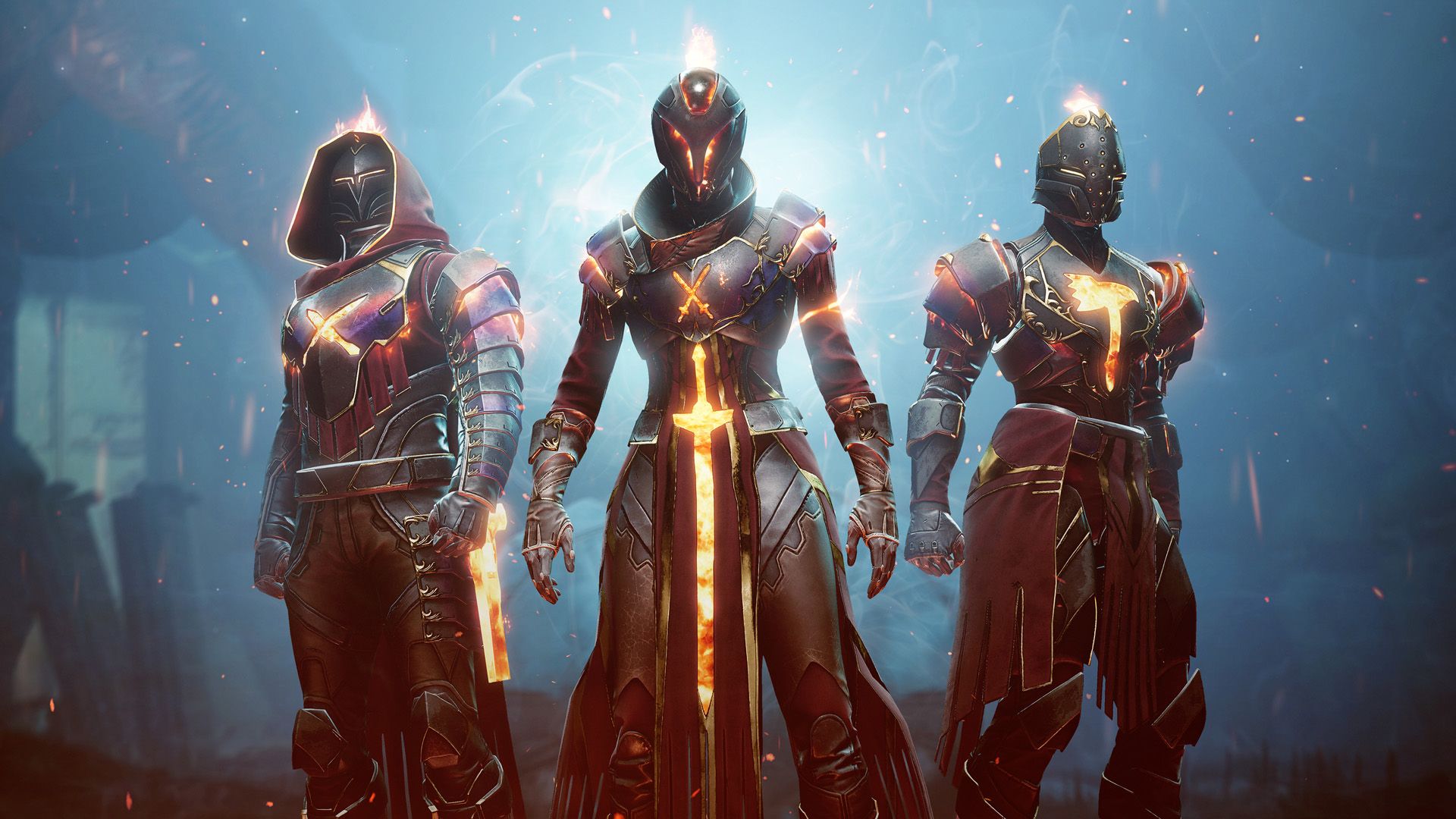 Une Fireteam of Destiny 2 Guardians dans des ornements d'armure solaire.  Le Hunter est à gauche, avec le Warlock au milieu et le Titan à droite.