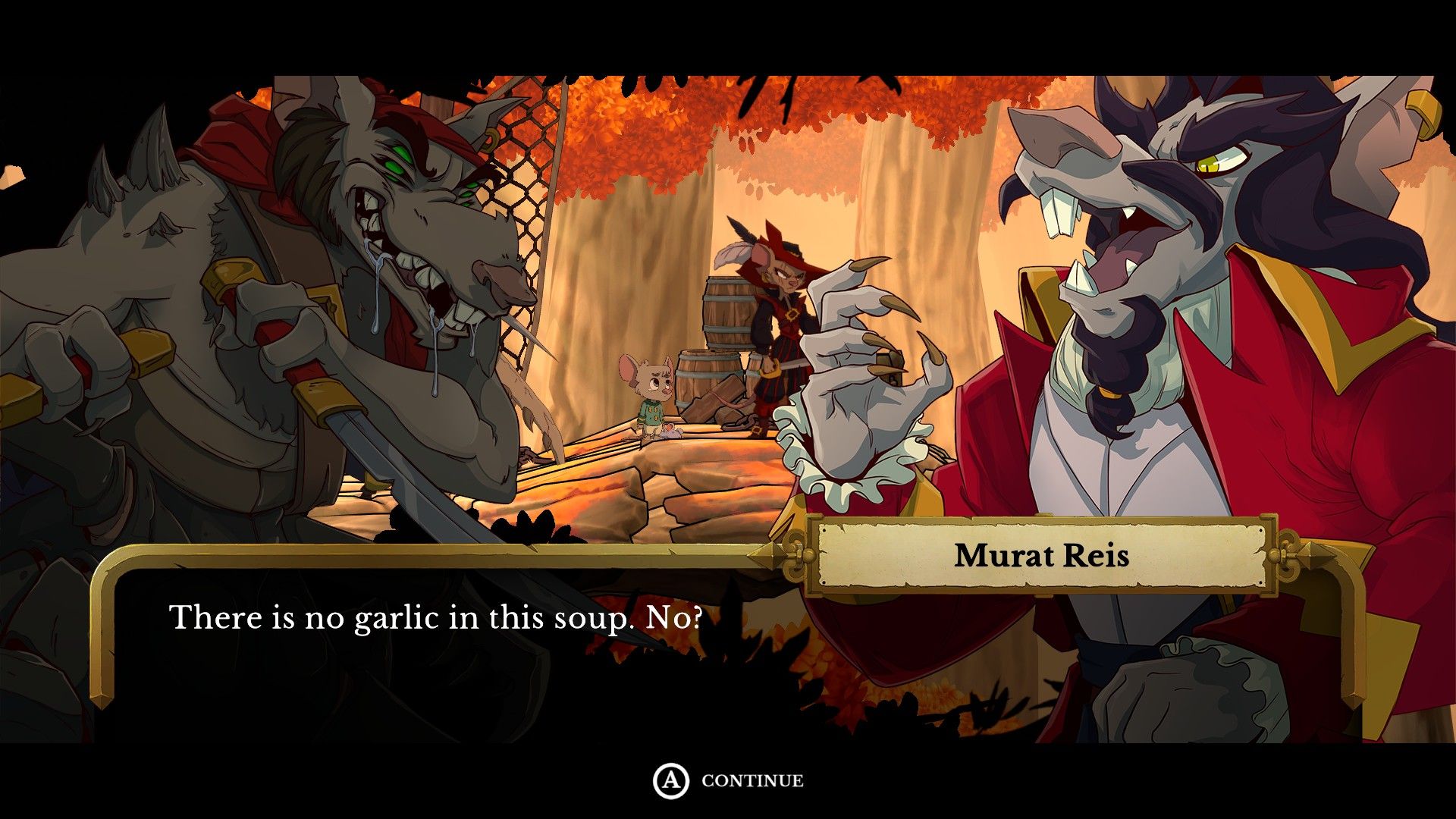 Vampire Murat Reis from Curse of the Sea Rats asks a spider-like rat whether garlic is in the soup.