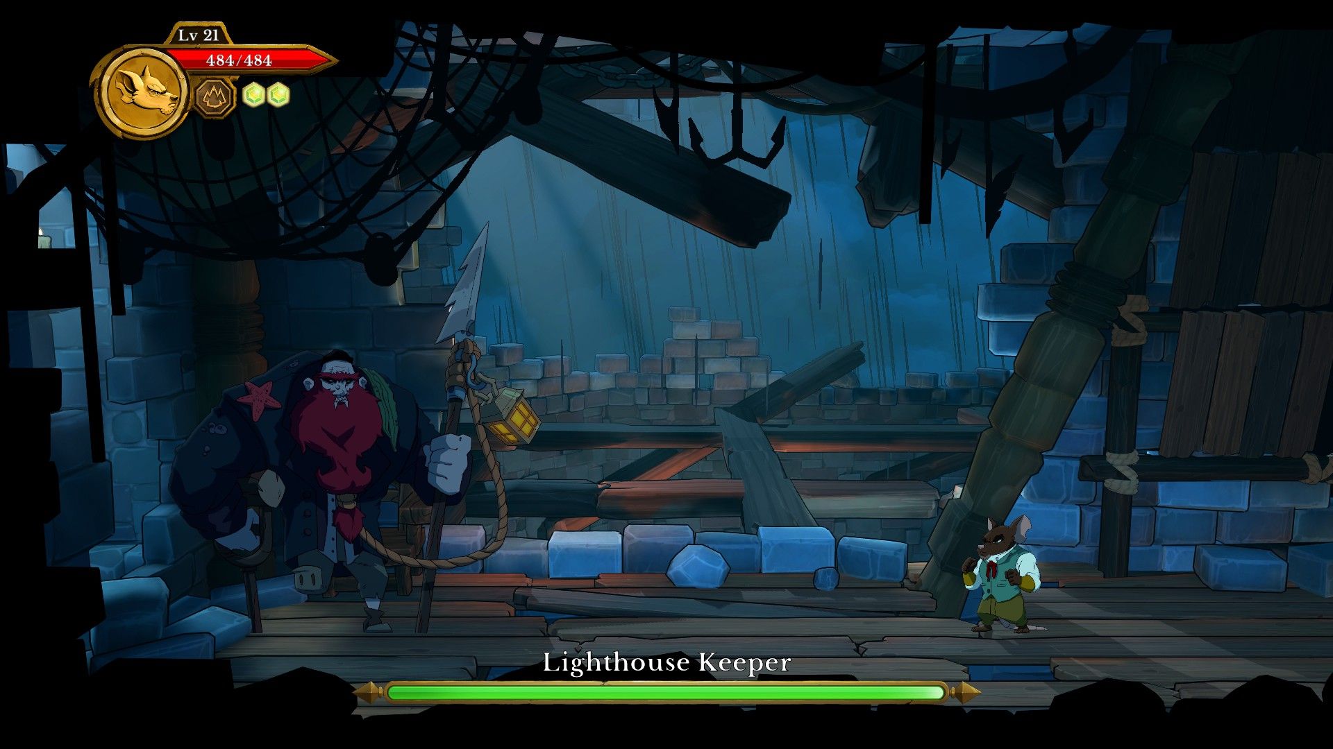 Curse of the Sea Rats character Bussa prepares to fight a hulking, red-bearded lighthouse keeper in a decaying lighthouse.
