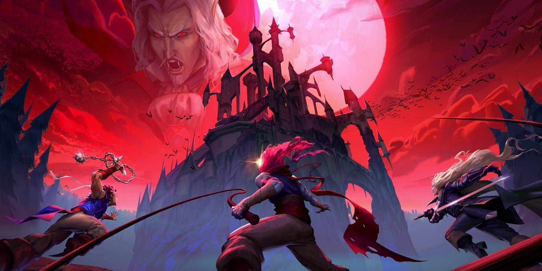 Dead Cells Return to Castlevania DLC Promotional Image with Richter Belmont, Main Character, and Alucard