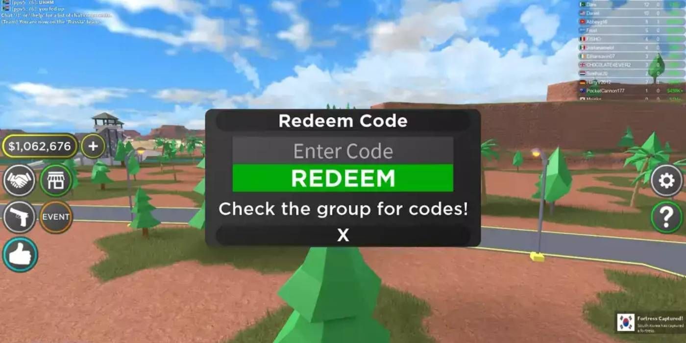 Roblox Military Tycoon Redeeming Codes Through Text Box Accessed From Option on Left Side of Screen