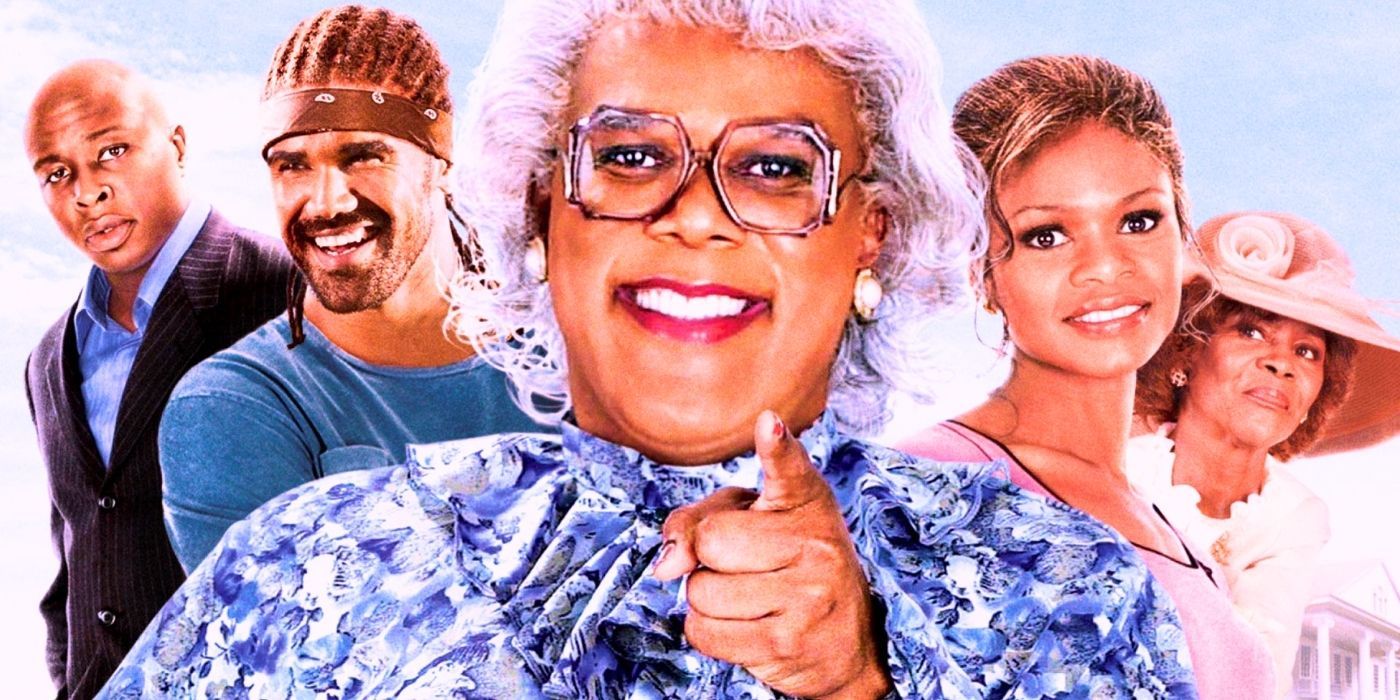 Madea pointing a finger at the camera in Diary of a Mad Black Woman with the rest of the cast