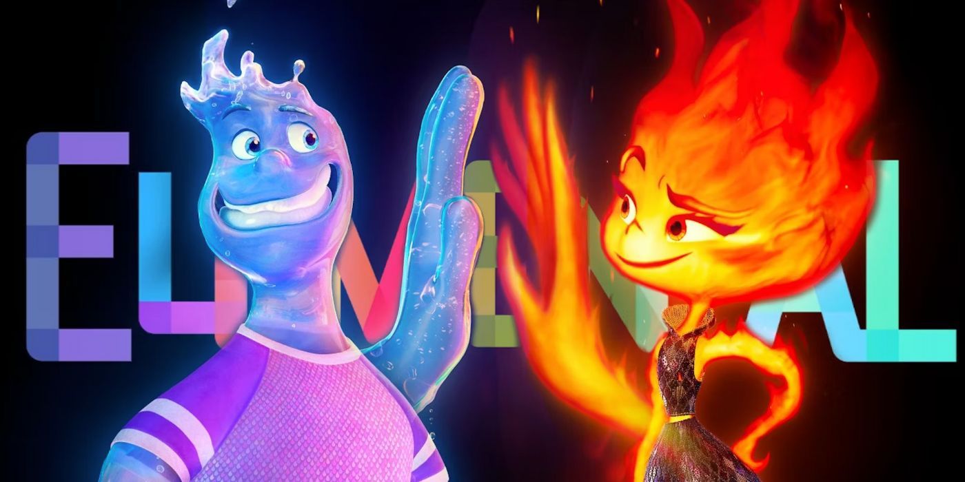 A promo image for Elemental with Wade and Ember high-fiving