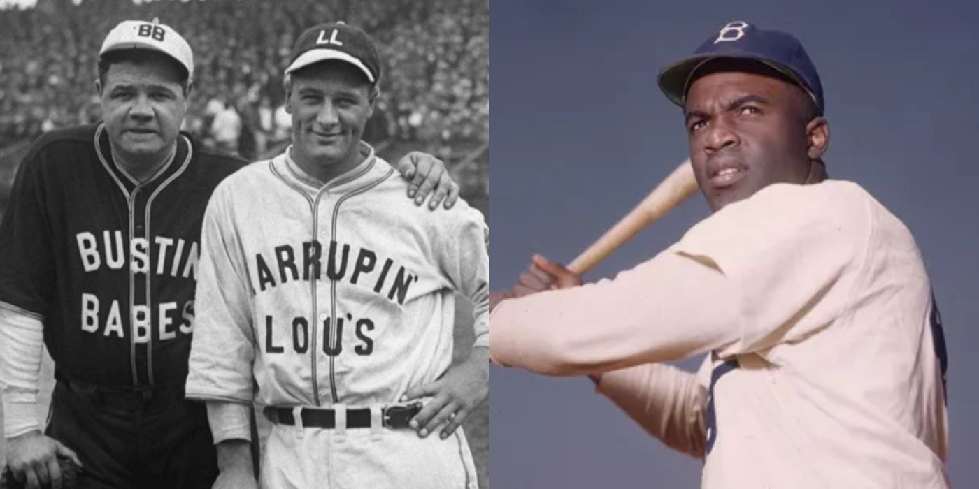 A split image of Babe Ruth, Lou Gherig, and Jackie Robinson