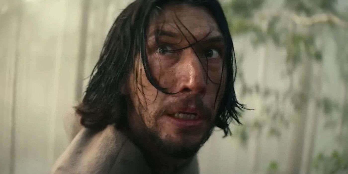 Adam Driver in 65 in a misty forest all soaking wet looking very terrified