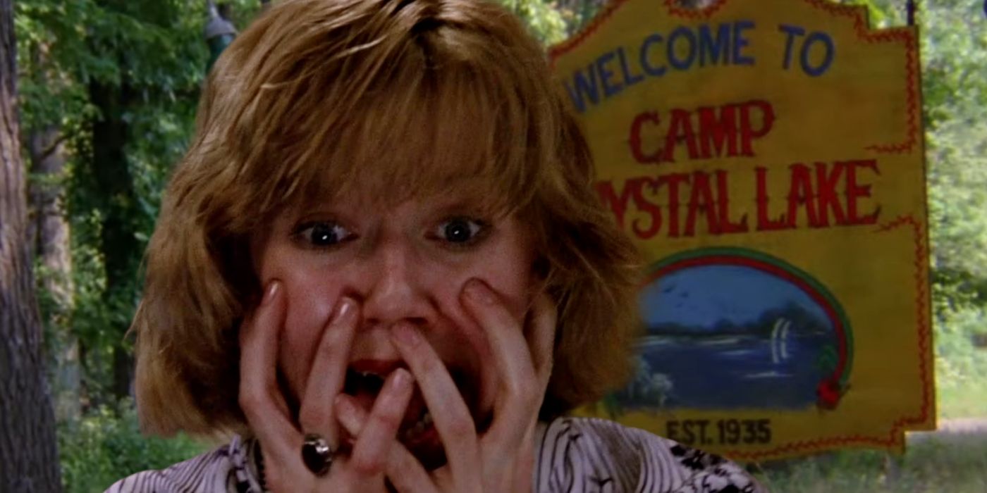 Adrienne King as Alice Hardy looking scared in front of the Friday the 13th Camp Crystal Lake sign