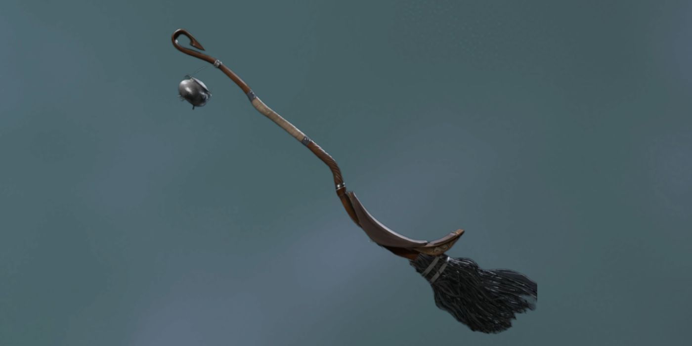 Una representación de Aeromancer Broom en Hogwarts Legacy contra un fondo gris.