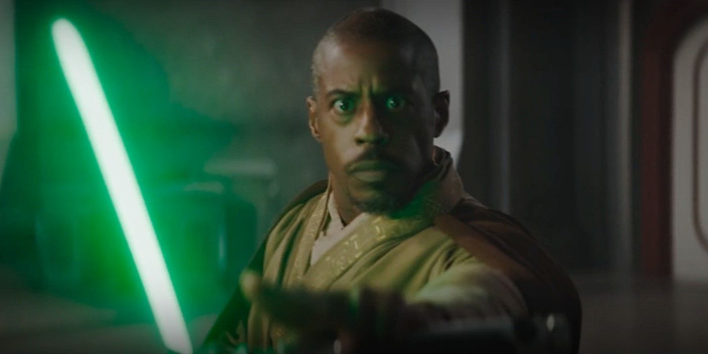 Ahmed Best as Kelleran Beq in The Mandalorian season 3 wielding his green lightsaber