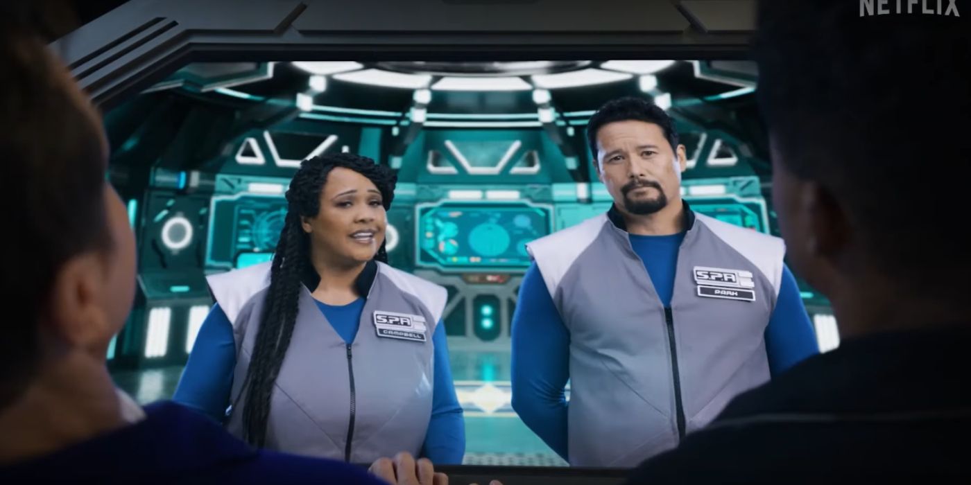 Aisha and Adam in S.P.A uniforms in the Power Rangers reunion